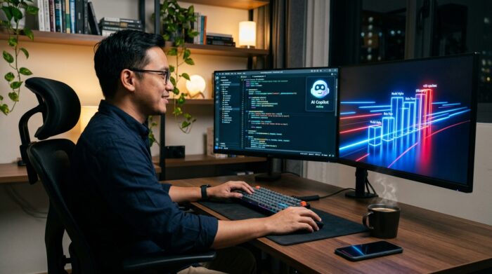 Rahasia Membuat Video Animasi dengan Claude Code dan Remotion 1 Ilustrasi seorang pria IT profesional Indonesia sedang duduk di depan monitor ganda yang menampilkan antarmuka Claude Code di VS Code dan hasil render animasi grafik batang