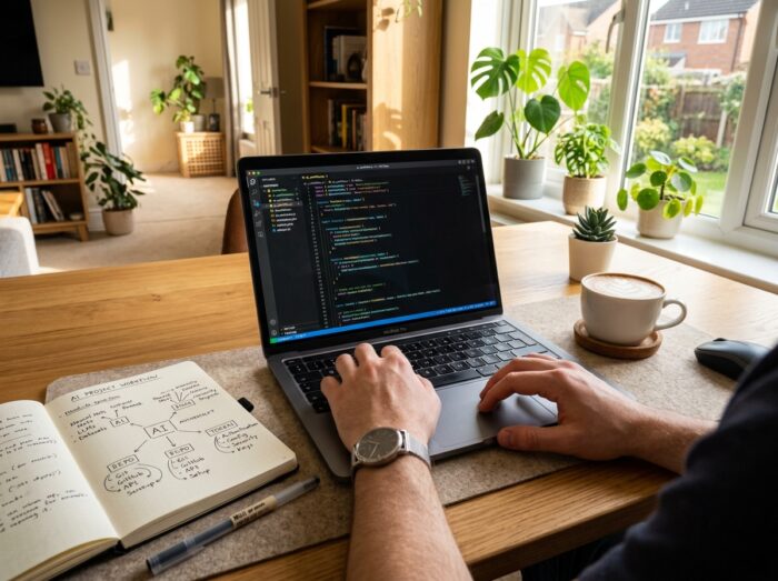Ilustrasi ruang kerja digital yang menampilkan layar monitor dengan antarmuka barisan kode, merepresentasikan langkah awal belajar Claude Code bagi pemula.