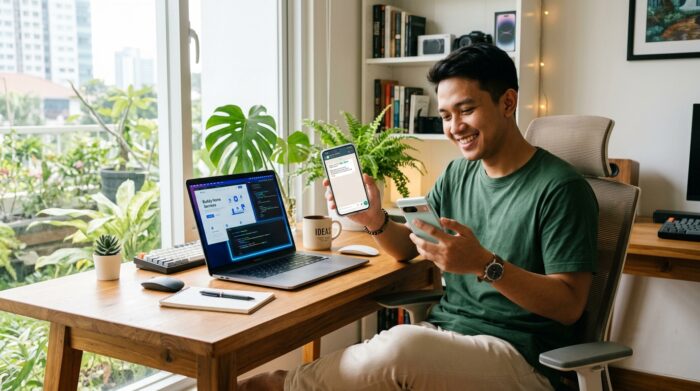 Ilustrasi seorang pemuda Indonesia yang sedang santai membuat bisnis digital menggunakan laptop dan smartphone yang menampilkan obrolan AI Claude Code.