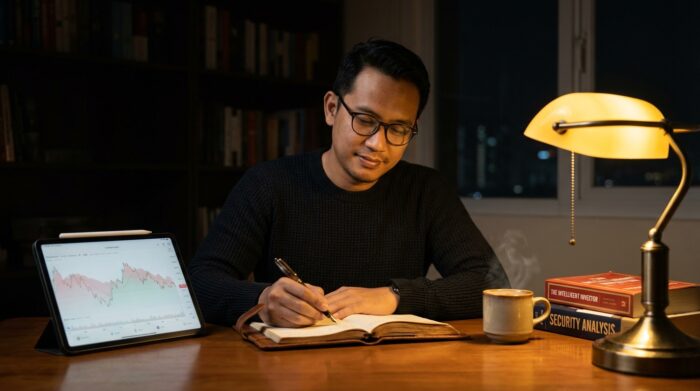 Seorang investor tenang mencatat di jurnal pada malam hari dengan layar grafik saham di sebelahnya, mempraktikkan cara keluar dari saham nyangkut tanpa cutloss melalui mindset value investing jangka panjang.