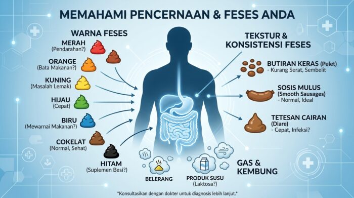 Infografis medis modern sistem pencernaan manusia dengan ikon warna kotoran dan indikator gas perut