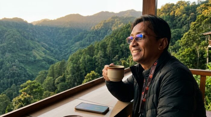 Mengapa Orang yang Paling Bahagia Justru Menghilang dari Media Sosial? (Psikologi Digital Silence) 1 Ilustrasi seorang pria Indonesia yang sedang menikmati pemandangan alam sambil memegang secangkir kopi, dengan smartphone yang tergeletak diabaikan di atas meja kayu.