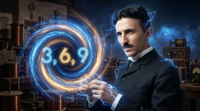 Potret futuristik Nikola Tesla dengan pola angka 369 bersinar di alam semesta